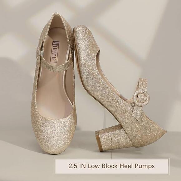 IDIFU Womens 10 Gold Glitter Candy Mary Jane 2.5" Block Heel Closed Toe Shoes - Picture 5 of 6